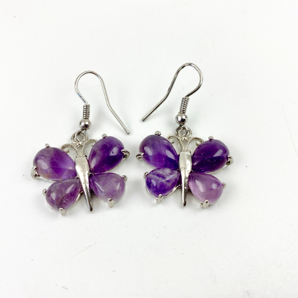 Butterfly Amethyst Drop Earrings Purple Gemstone Sterling Silver Artisan - Picture 2 of 4